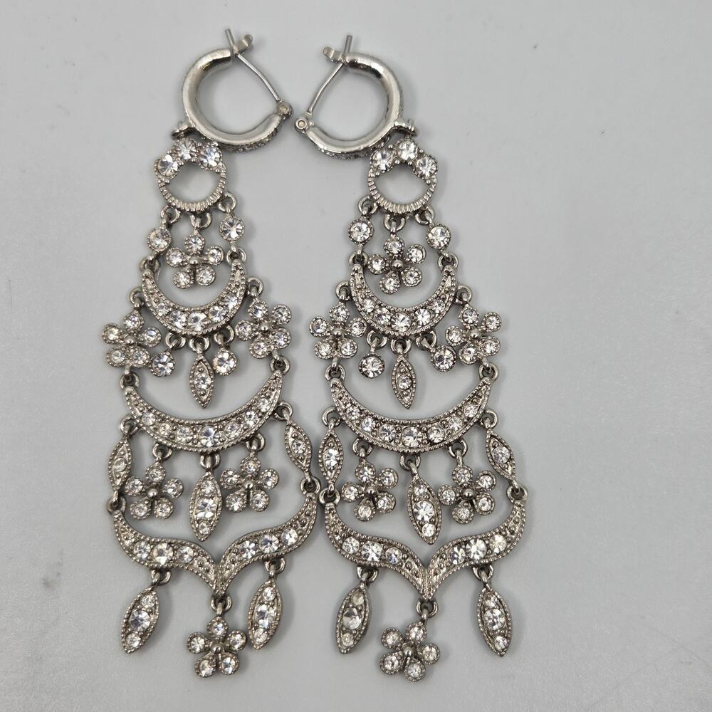 Signed Monet Vintage Rhinestone Chandelier Dangle Earrings Silver Tone